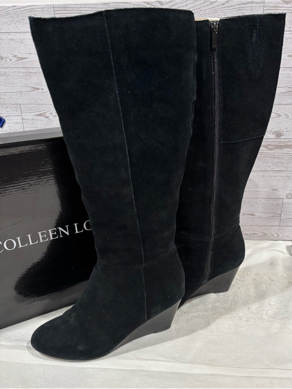 Colleen Lopez Black Suede Knee-High Wedge Boots